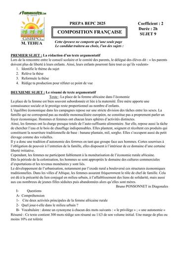 PREPA BEPC 2025 FR FICHE 9 BY TEHUA