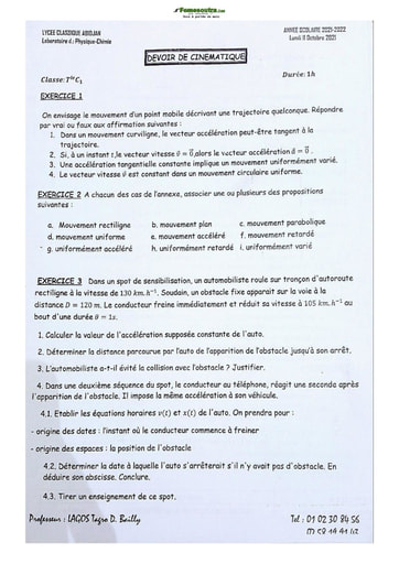 Sujets de Physique-Chimie Terminale C Lycée Classique 2021-2022