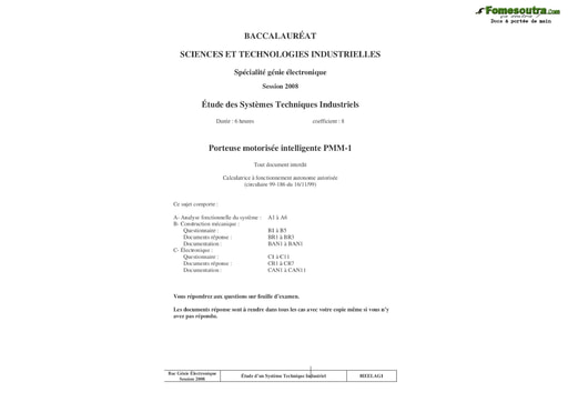 Présentation du sujet corrigé Porteuse motorisée intelligente PMM-1 - Étude des Systèmes Techniques Industriels - BAC 2008