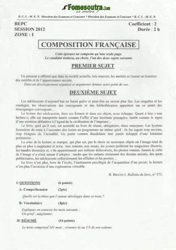 Sujet de Composition française BEPC 2012 zone 1