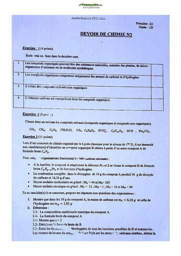Sujet de Chimie Niveau Première D Lycée Classique Abidjan 2022-2023