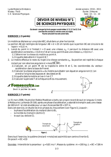 Devoir 22 Physique-Chimie niveau Terminale D lycée Moderne Dimbokro