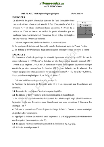 Sujet Hydraulique appliquée BTS blanc 2018 - Ecole Spéciale du Bâtiment et des Travaux Publics (ESBTP)