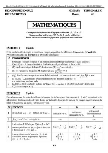 Partielle DE MATHS Tle C Gontougo by Tehua