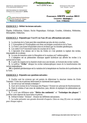 Sujet de Géologie 1 concours AMCPE 2015