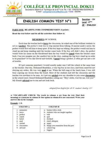 DEVOIR D'ANGLAIS N°1 NIVEAU 3ième PROVINCIAL Octobre 2025  by TEHUA