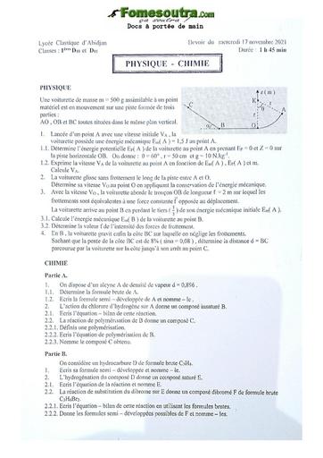 Sujet de Physique-Chimie niveau Première D Lycée Classique Abidjan 2021-2022