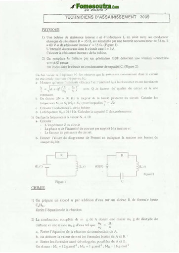 Sujet de Physique-Chimie Techniciens d'Hygiène et d'Assainissement INFAS 2009