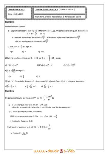 Devoir de Synthèse N°2 Math Bac Mathématiques 2012 2013 Mr karmous by Tehua