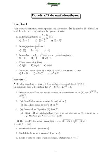 DEVOIR DE MATHS Tle D NOMBRES COMPLEXES 2024 BY TEHUA