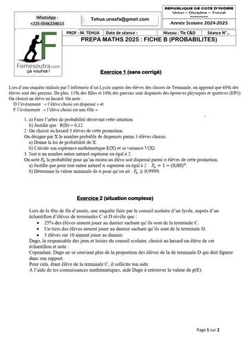 PREPA BAC 2025 MATHS SERIE C&D FICHE B (PROBA)  AVRIL 2025 BY TEHUA