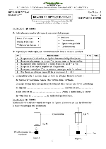 Devoir de Physique-Chimie niveau 3ème