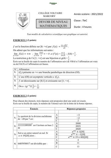 DEVOIR DE NIVEAU N°1 MATHS Tle C COLLEGE VOLTAIRE MARCORY 2022 BY TEHUA