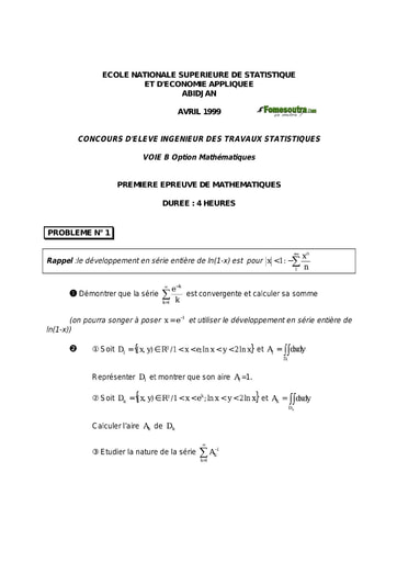 Sujet 1ère épreuve de maths ITS B option Maths 1999 (ENSEA)