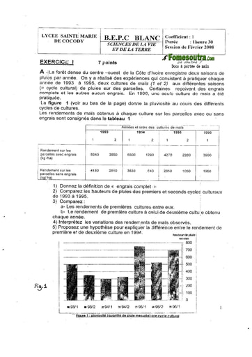 Sujet de SVT BEPC blanc 2008 Lycée Sainte Marie de Cocody