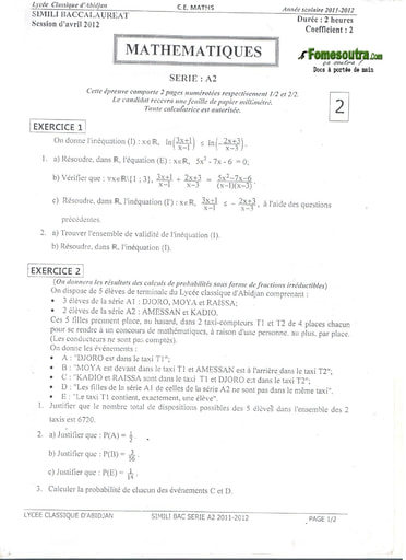 Sujet de Maths BAC blanc 2012 série A2 Lycée Classique d'Abidjan