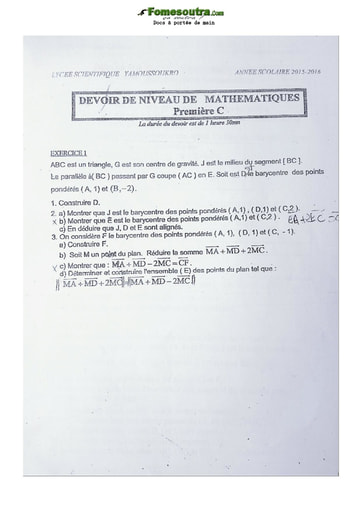 Sujet de Mathématiques Première C Lycée Classique 2020