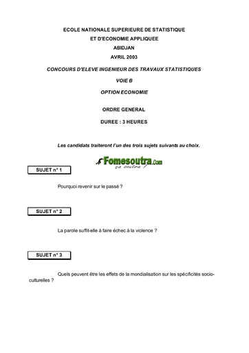 Sujet d'ordre générale ITS B option Economie 2003 (ENSEA - ISSEA - ENSAE)