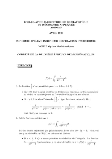 Corrigé 2ème épreuve de maths ITS B option Maths 1998 (ENSEA)