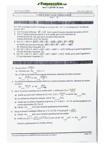 Sujet de Mathématique  Terminale C 2020-2021