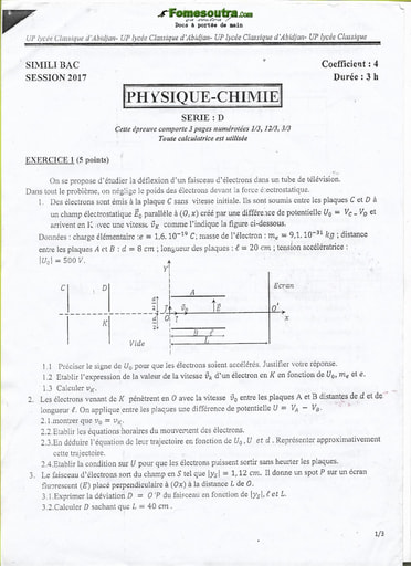 Sujet de Physique-Chimie BAC blanc 2017 série D Lycée Classique d'Abidjan