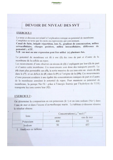 Sujet de SVT Terminale D 2020-2022 Lycée Classique Abidjan