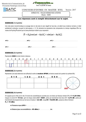 Sujet de Télécommunications concours d'entrée en Master RTEL - ESATIC 2017