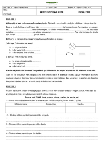 Sujet de Physique-Chimie Niveau Sixième Collège Sainte Foi Abobo