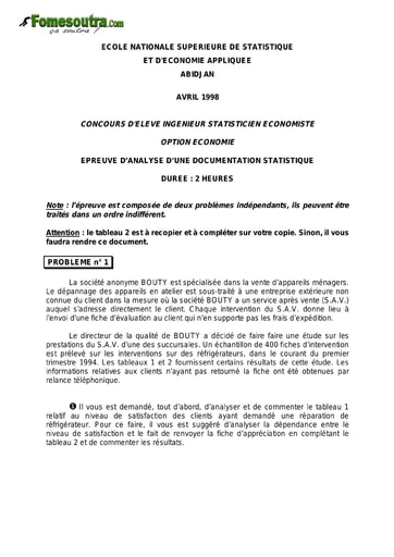 Sujet Analyse d'une documentation statistique ISE option économie 1998 (ENSEA)