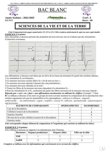 BAC BLANC REGIONAL 2025 SVT Tle D Collège divine providence d'ISSIA by TEHUA