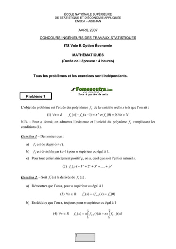 Sujet de Maths ITS B option Economie 2007 (ENSEA)