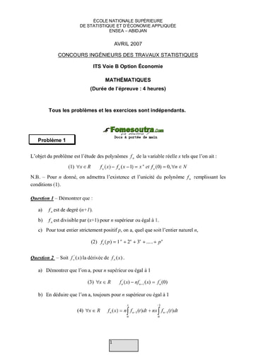 Sujet de Maths ITS B option Economie 2007 (ENSEA)