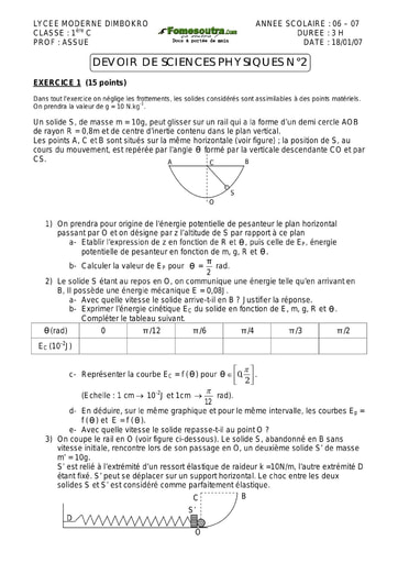 Devoir (3) de Physique-Chimie 1ère C Lycée Moderne de Dimbokro