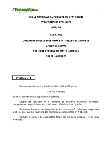 Sujet 1ère épreuve de maths ISE option économie 2001 (ENSEA)