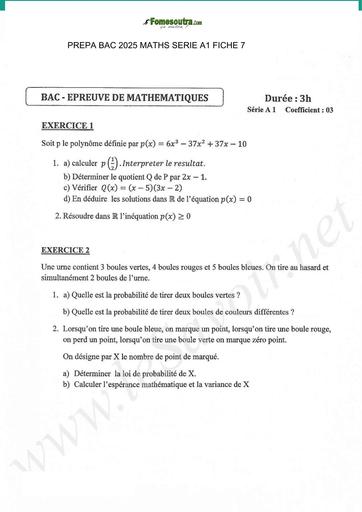 PREPA BAC 2025 MATHS SERIE A1 SUJET 7 BY TEHUA