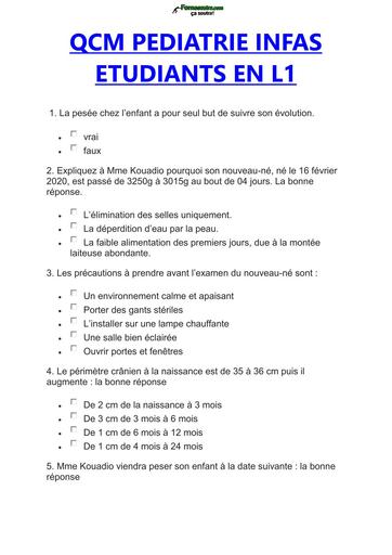 INFAS QCM PEDIATRIE ETUDIANT L1 BY TEHUA