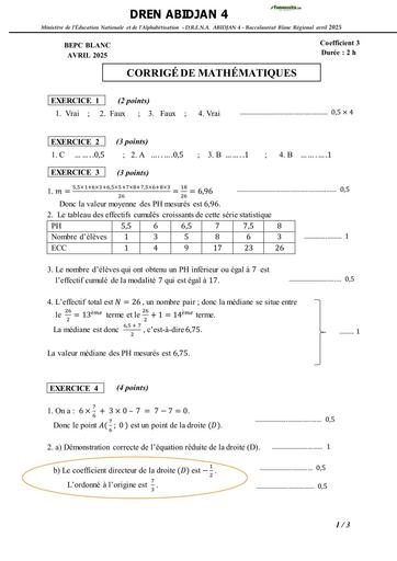Bepc blanc régional 2025 dren Abidjan 4 MATHS CORRIGE ET BAREME BY TEHUA