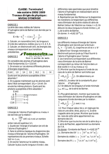 Sujet de Physique: niveau d'énergie - Terminale C