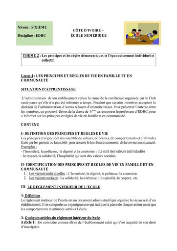 EDHC 6ème L4 LES PRINCIPES ET RÈGLES DE VIE EN FAMILLE ET EN COMMUNAUTÉ