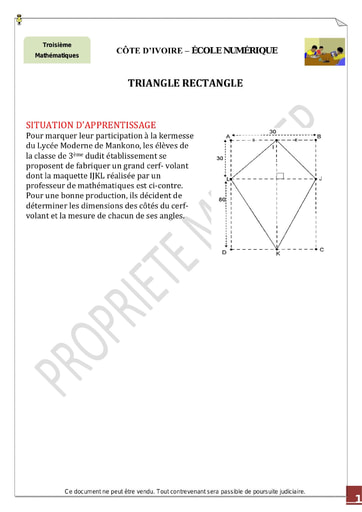 Cours de Mathématiques TRIANGLE RECTANGLE niveau 3ème