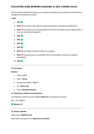 EVALUATION SOINS INFIRMIER AUXILIAIRE 1A 2025  DEVOIIR DE GROUPE DALOA CORRIGE BY TEHUA