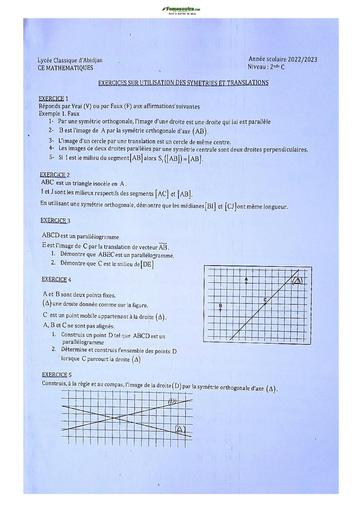 Sujet de Mathématiques Seconde C Lycée Classique Abidjan  2023