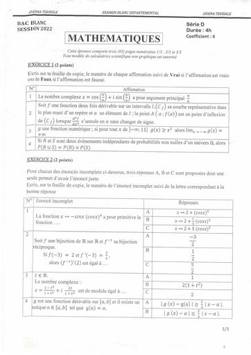 1 BAC BLANC REGIONAL 2022 TIASSALE SUJET MATHS SERIE D by TEHUA