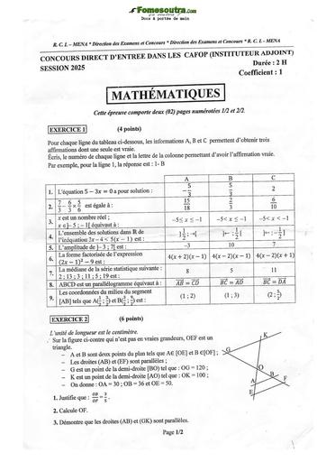 Sujet corrigé de Mathématiques - Concours CAFOP (Instituteur Adjoint) session 2025