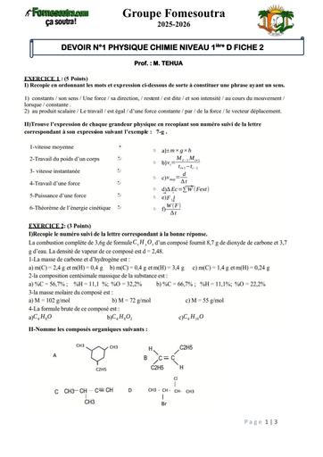 DEVOIR N°1 PHYSIQUE CHIMIE NIVEAU 1ière D FICHE 2 by Tehua