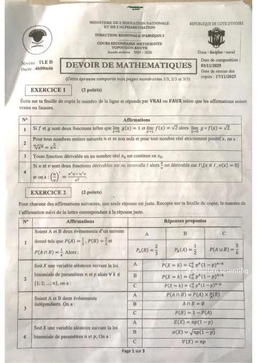 Devoir de Maths Tle D CSM de Yopougon 2025 trimestre 1 By TEHUA