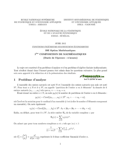 Sujet 1ère épreuve de maths ISE option maths 2012 (ENSEA - ISSEA- ENSAE)