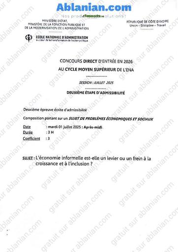 ENA SUJET DE PROBLEMES ECONOMIQUES ET SOCIAUX CYCLE MOYEN SUPERIEUR 2026 BY TEHUA
