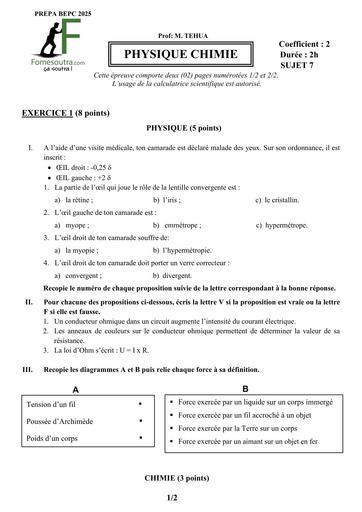 PREPA BEPC 2025 PC FICHE 7 BY TEHUA