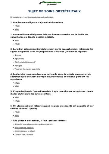 INFAS Sujet Soins Obstetricaux 20 questions corrige souligne BY TEHUA